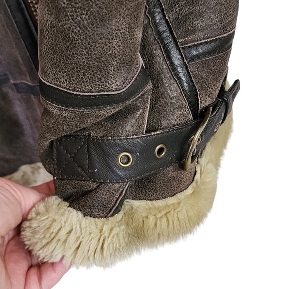 Vintage leather jacket brown faux fur Aviator oversized boyfriend 90s grunge XL - Picture 4 of 9